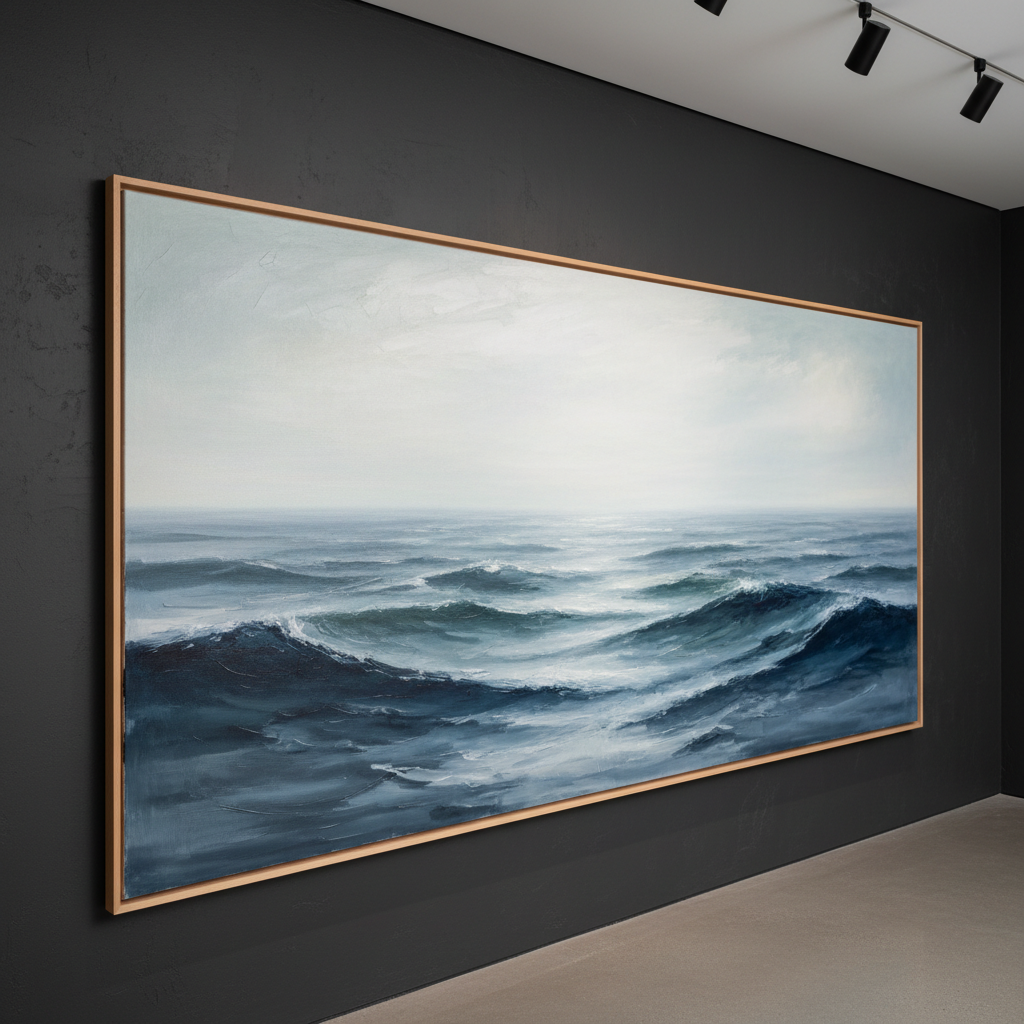 A panoramic, wide-format painting mounted on a dark charcoal wall, its surface depicting an abstracted seascape in refined, desaturated blues, slate greens, and misty whites. Thin, translucent veils of paint drift over textured underlayers, suggesting waves, fog, and distant horizons without literal depiction. A slim, natural wood frame surrounds the canvas, adding warmth against the cool palette. Track lights above cast controlled, even illumination, creating delicate highlights along raised paint ridges and subtle dimensionality. Photographed from a slightly off-center viewpoint to capture the painting’s length, the composition uses the rule of thirds, with the artwork dominating the frame and only a hint of floor and ceiling visible. The atmosphere feels contemplative, elegant, and quietly dramatic, in a high-end gallery, photographic style.