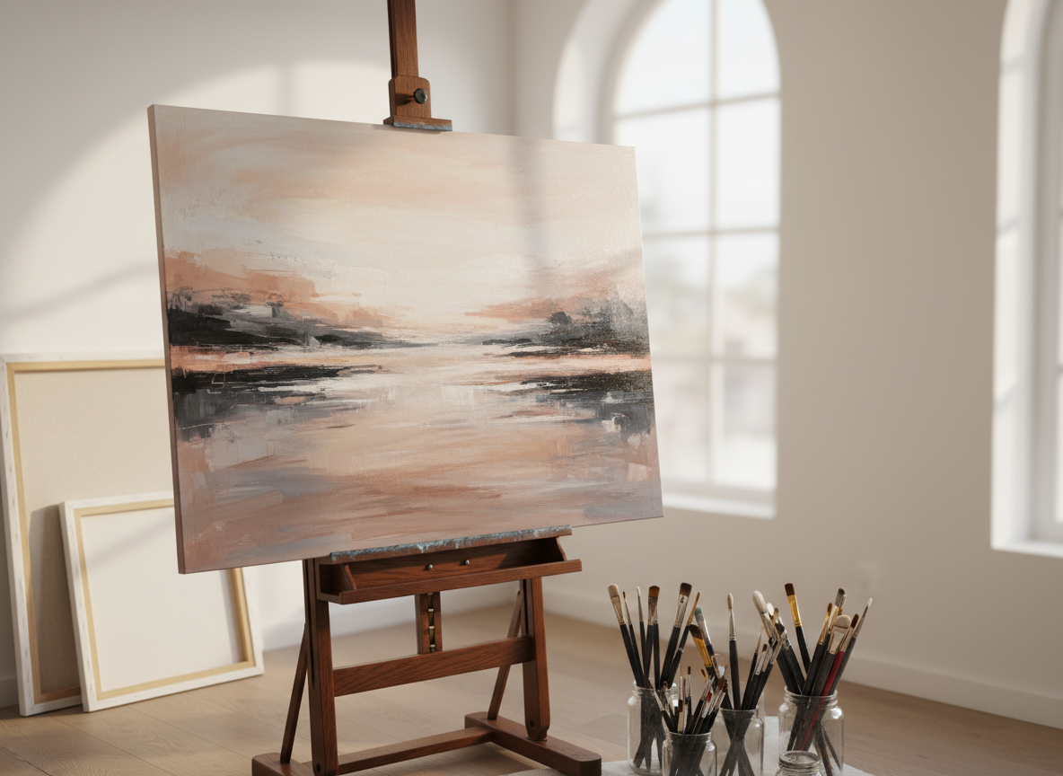A mid-size contemporary painting resting on an elegant wooden easel in a serene studio space, its surface an intricate interplay of muted blush, charcoal, and ivory tones. Fine, controlled brushstrokes transition into broad, gestural sweeps, creating a sophisticated abstract composition reminiscent of distant horizons. Around it, neatly stacked blank canvases and jars of carefully arranged brushes sit on a smooth oak floor. Soft afternoon natural light pours through an unseen window, skimming across the painting, picking up subtle sheen where layers of varnish catch the light. Shot from a three-quarter angle with a slightly shallow depth of field, the painting remains in crisp focus while the studio melts into a gentle blur, evoking a quiet, introspective mood in a clean, photographic realism style.